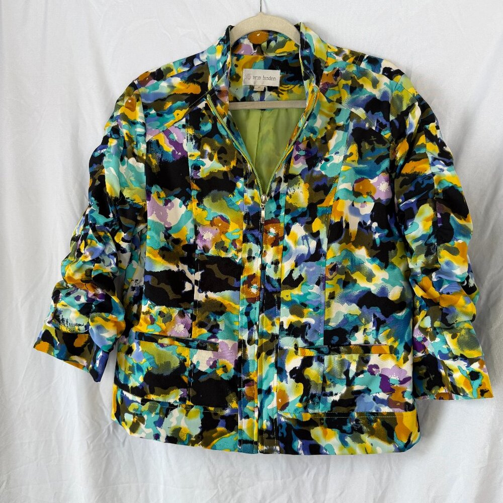 Erin London Zip Jacket Blue Green Yellow Abstract Size Medium M Ruched sleeves
